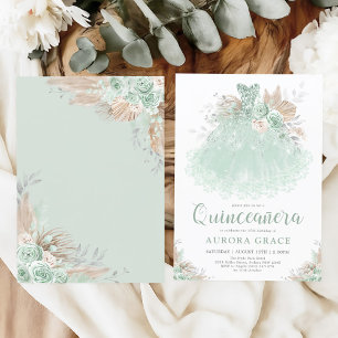 Boho Sage Grönt Silver Quinceañera Princess Dress Inbjudningar