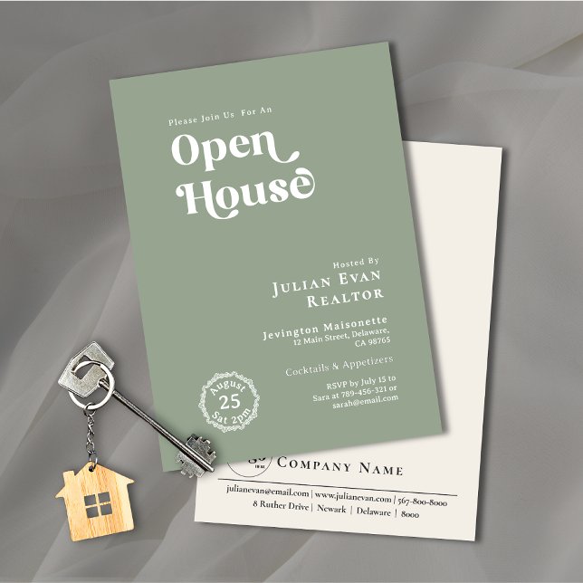 Boho Sage Grönt Typography Business Open House Inbjudningar (Property Photo Background Typography Open House Invitation)