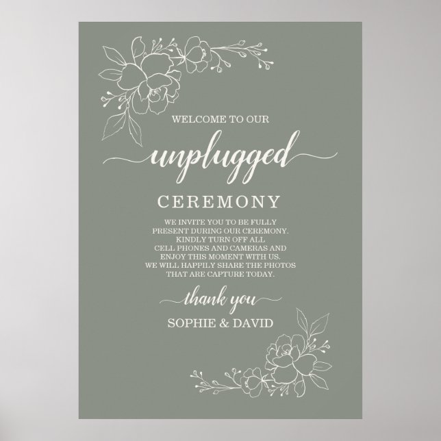 Boho Sage Grönt Unplugged Bröllop Ceremony Sign Poster (Framsidan)