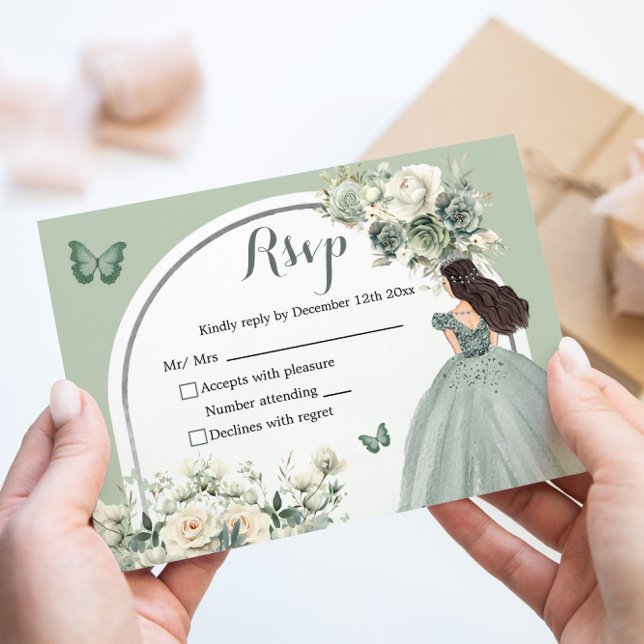 Boho Sage Grönt Vit ros Princess XV Años Reply OSA Kort (Skapare uppladdad)