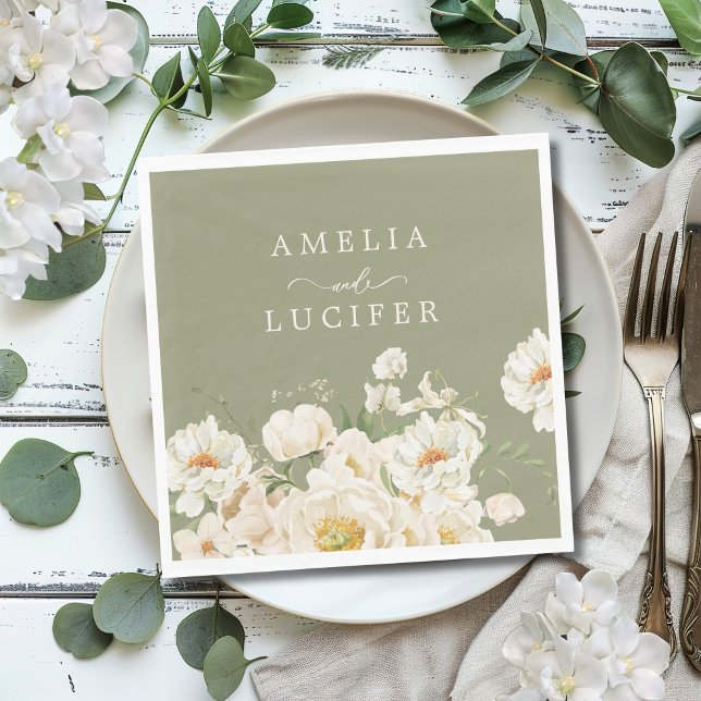Boho Sage Grönt White Ivory Blommigt Bröllop Pappersservett (Skapare uppladdad)