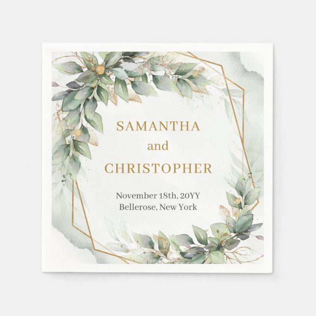 Boho sage löv och guld glitter bröllop napkins pappersservett (Framsidan)