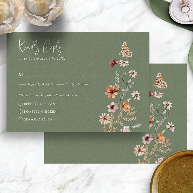 Boho Sage RSVP-kort OSA Kort (Boho Sage Green Floral with Butterfly RSVP Card by Painted Paperie
)