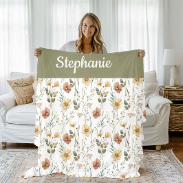 Boho Sagegrön Akvarell Vildblomma Namn Fleecefilt