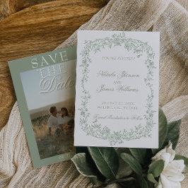 Boho Sagegrön Blommig Foto Bröllop Spara Datum Datumet