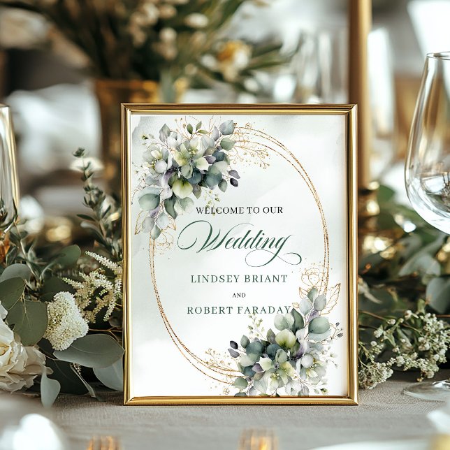 Boho Sagegrön Botanisk Bordsskiva Bröllop Välkomme Poster (Boho Sage Green Botanical Tabletop Wedding Welcome Sign)