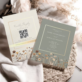 Boho Sagegrön Bröllops QR-kod Inbjudningar
