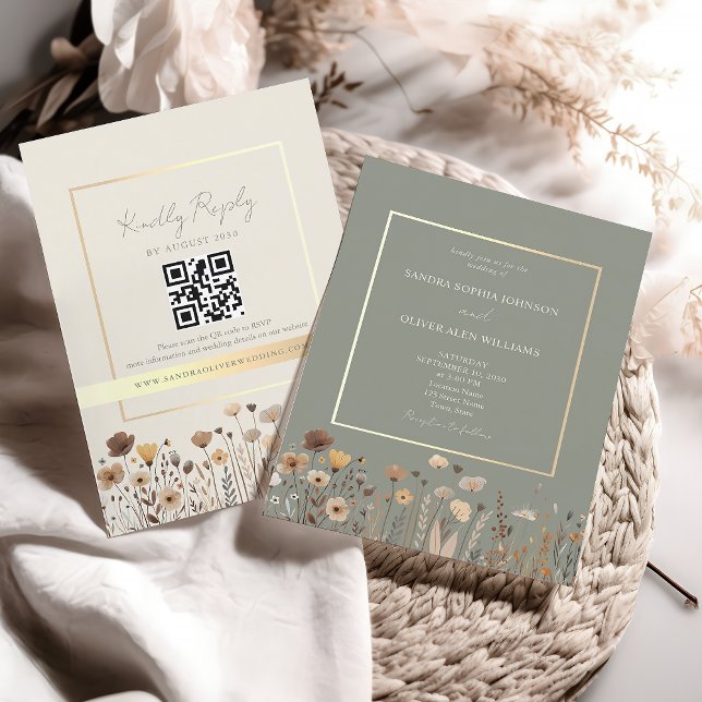 Boho Sagegrön Bröllops QR-kod Inbjudningar (Skapare uppladdad)