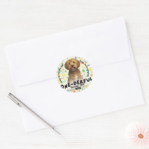 Boho Sagegrön Goldendoodle Första Födelsedagsfest Runt Klistermärke