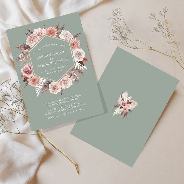 Boho Sagegrön Krans med Torkade Blommor Bröllop Inbjudningar (Boho Sage Green Dried Flowers Wreath Wedding Invitation)