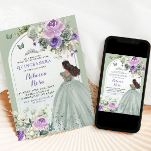 Boho Sagegrön Lavendel Blommig Quinceañera Inbjudningar