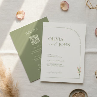 Boho Sagegrön & Linne Minimalist med detaljer & QR Inbjudningar