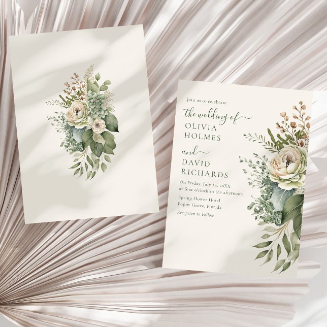 Boho Sagegrön och Elfenbensfärgade Vildblommor Brö Inbjudningar (Boho Sage Green and Ivory Widlflowers Wedding Invitation on a sunny white dry palm leaf.)