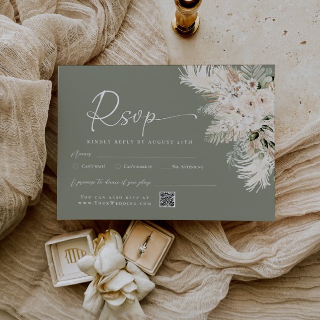Boho Sagegrön QR-kod Bröllop RSVP Svarskort OSA Kort (Boho Sage Green QR Code Wedding RSVP Reply Card)