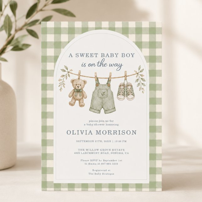 Boho Sagegrön Rutig Pojk Babyshower Inbjudningar (Skapare uppladdad)