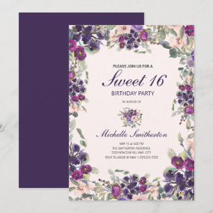 Boho Sagegröna blad Lila Rosa Blommig Sweet 16 Inbjudningar