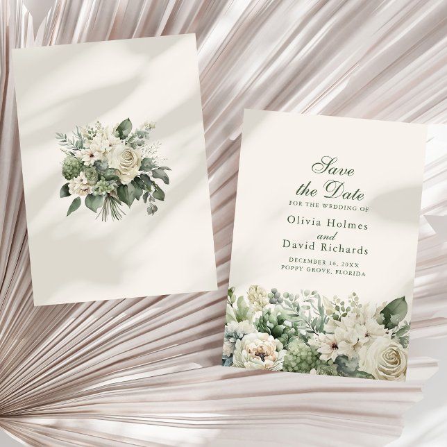 Boho Sagegröna & Elfenbensvita Blommor Spara Datum Datumet (Boho Sage Green & Ivory Flowers Save The Date Card on a sunny white dry palm leaf.)