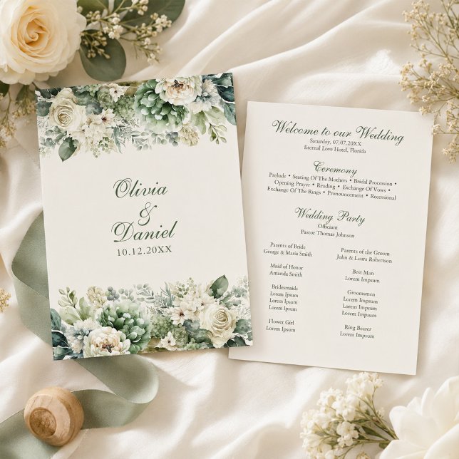 Boho Sagegröna och Elfenbensblommor Bröllopsprogra Program (Boho Sage Green and Ivory Flowers Wedding Program with wedding decor and white flowers)