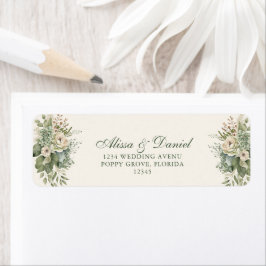 Boho Sagegröna och Elfenbensvita Blommor Bröllopsa Returadress Etikett