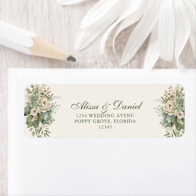 Boho Sagegröna och Elfenbensvita Blommor Bröllopsa Returadress Etikett (Insitu)