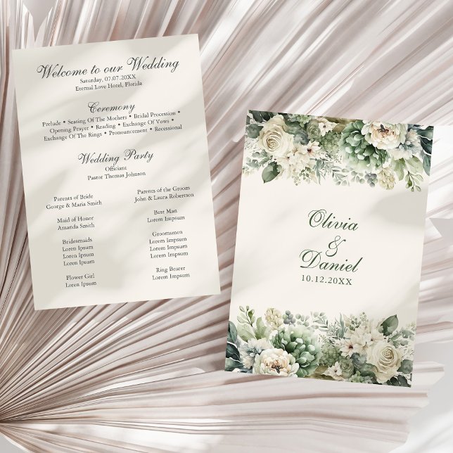 Boho Sagegröna och Elfenbensvita Blommor Bröllopsp Program (Boho Sage Green and Ivory Flowers Wedding Program on a sunny neutral dry palm leaf.)