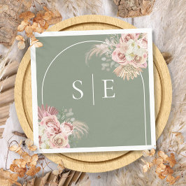 Boho Sagegröna Pampasgräsbåge Monogram Servetter