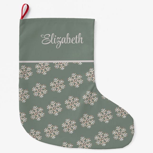 Boho Sagegröna Snöflingor Anpassat Namn Jul Stor Julstrumpa (Framsidan)