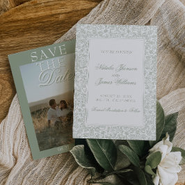 Boho Saggrön Blommig Modern Fotobryllop Spara Datumet