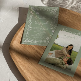 Boho Sagogrön Blommig Botanisk Foto Bröllop Inbjudningar