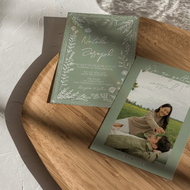 Boho Sagogrön Blommig Botanisk Foto Bröllop Inbjudningar (Skapare uppladdad)