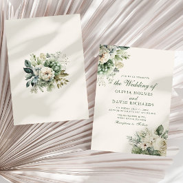 Boho Sagogrön & Elfenbensvitt Blommigt Bröllopsinb Inbjudningar