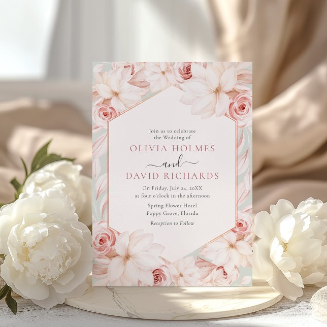 Boho Sagogrön och Rosabränd Rosa Blommig Bröllop Inbjudningar (Boho Sage Green and Blush Pink Floral Wedding Invitation on an elegant table with white peonies)
