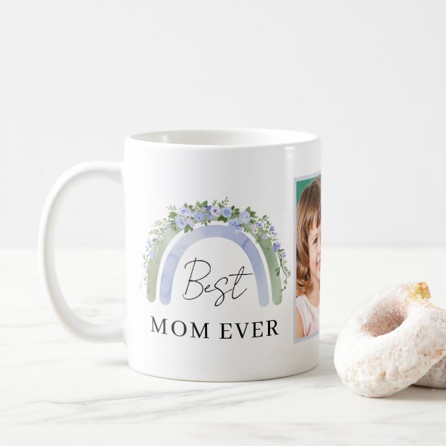 Boho Sagogröna Blå Blommor Akvarell Regnbåge Kaffemugg (Med munk)