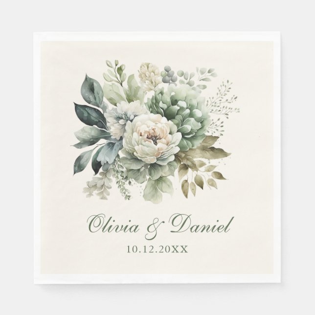Boho Sagogröna och Elfenbensvita Blommor Bröllop Pappersservett (Framsidan)