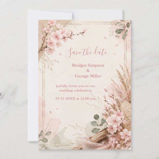 Boho Sakura Rustika Bröllopsblommor Inbjudningar (Framsida)