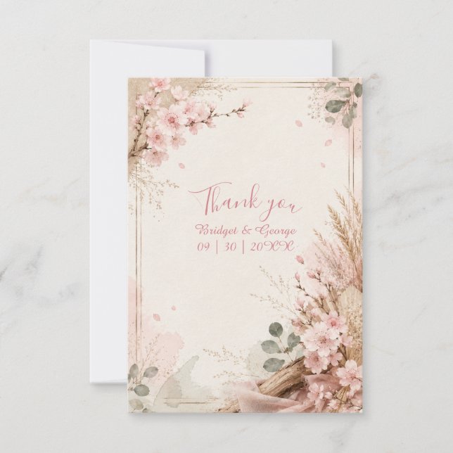 Boho Sakura Rustika Bröllopsblommor Tack Kort (Framsida)