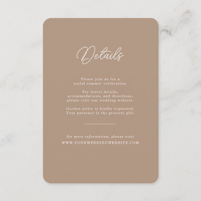 Boho Sand Minimalist Script Bröllopsdetaljkort Tilläggskort (Framsida)