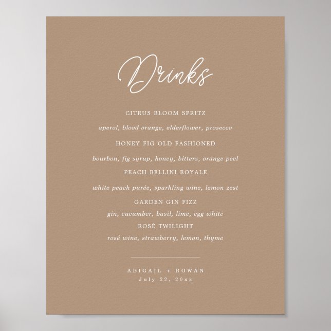 Boho Sand Minimalistisk Skrift Bröllopsbar Meny Sk Poster (Framsidan)