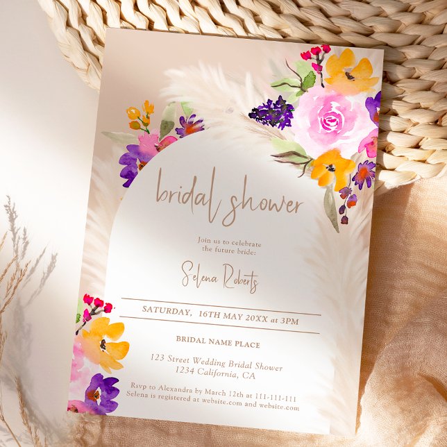 Boho sand pampas rosa blommigt arch möhippa inbjudningar (Boho sand pampas pink floral arch bridal shower invitation)