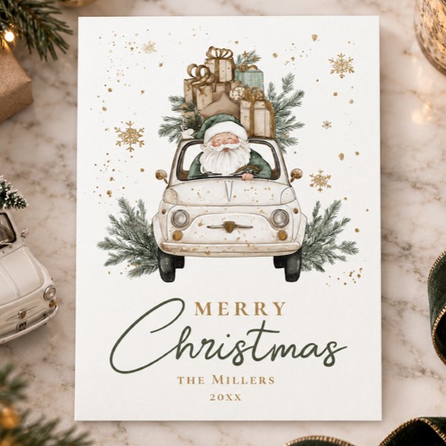 Boho Santa Car Vattenfärg Jul Julkort (Boho Santa Car Watercolor Christmas Holiday Card)