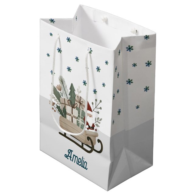 Boho Santa on Sleigh med gåvor Snöflingor Namn (Framsidan Vinklad)