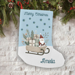 Boho Santa on Sleigh med gåvor Snöflingor Namn Liten Julstrumpa