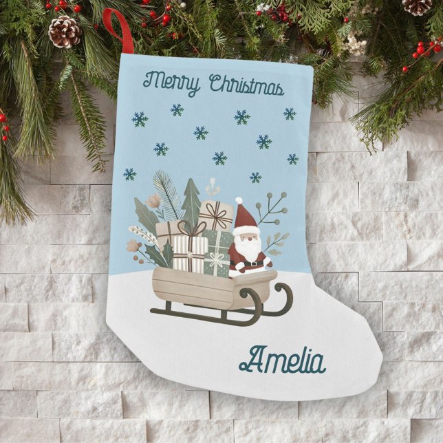 Boho Santa on Sleigh med gåvor Snöflingor Namn Liten Julstrumpa (Skapare uppladdad)