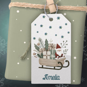 Boho Santa on Sleigh med gåvor Snöflingor Namn Presentetikett