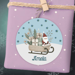 Boho Santa on Sleigh med gåvor Snöflingor Namn Runt Klistermärke