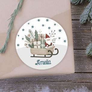 Boho Santa on Sleigh med gåvor Snöflingor Namn Runt Klistermärke