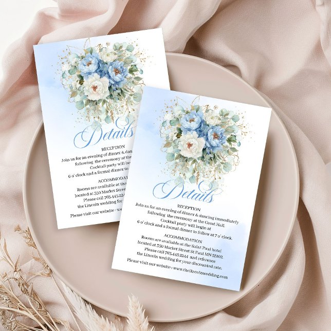 Boho Sapphire Blå Vita Peonies Bröllopsdetaljer  Tilläggskort (Boho Sapphire Blue White Peonies Wedding Details Card)