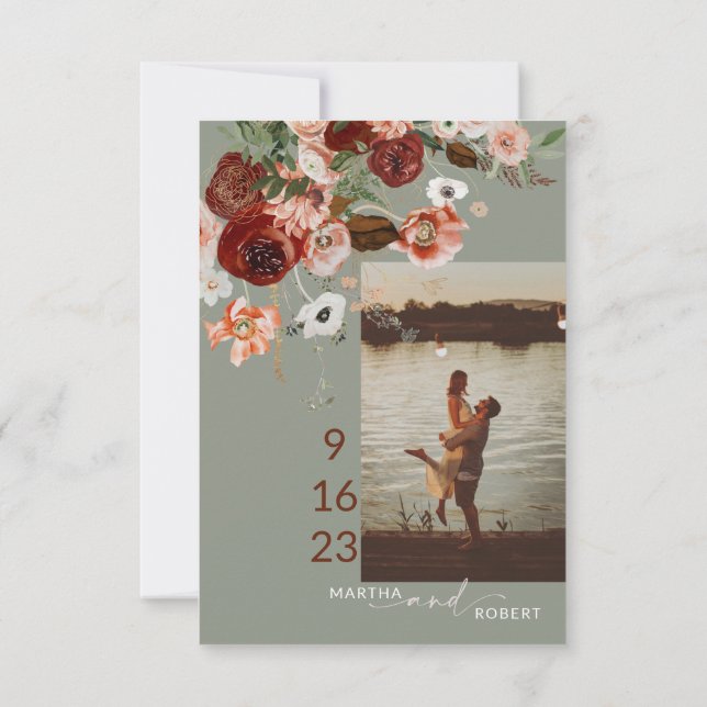 Boho Save Date Card with Photo Terracota Sage Tack Kort (Baksida)