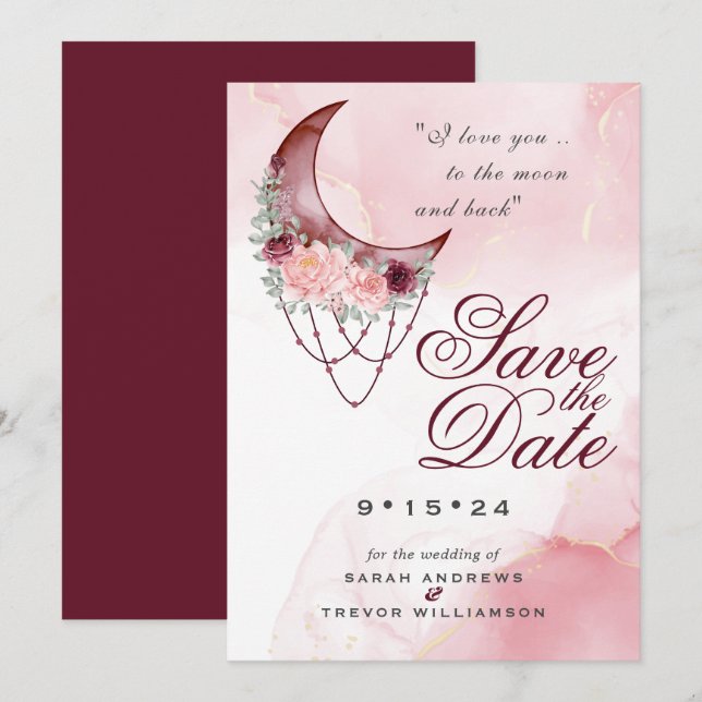 Boho Save the Date  Rosa Maroon Halvmåne Inbjudningar (Fram/baksida)