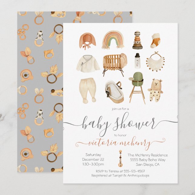 Boho Scandi Baby Shower-inbjudan Inbjudningar (Fram/baksida)